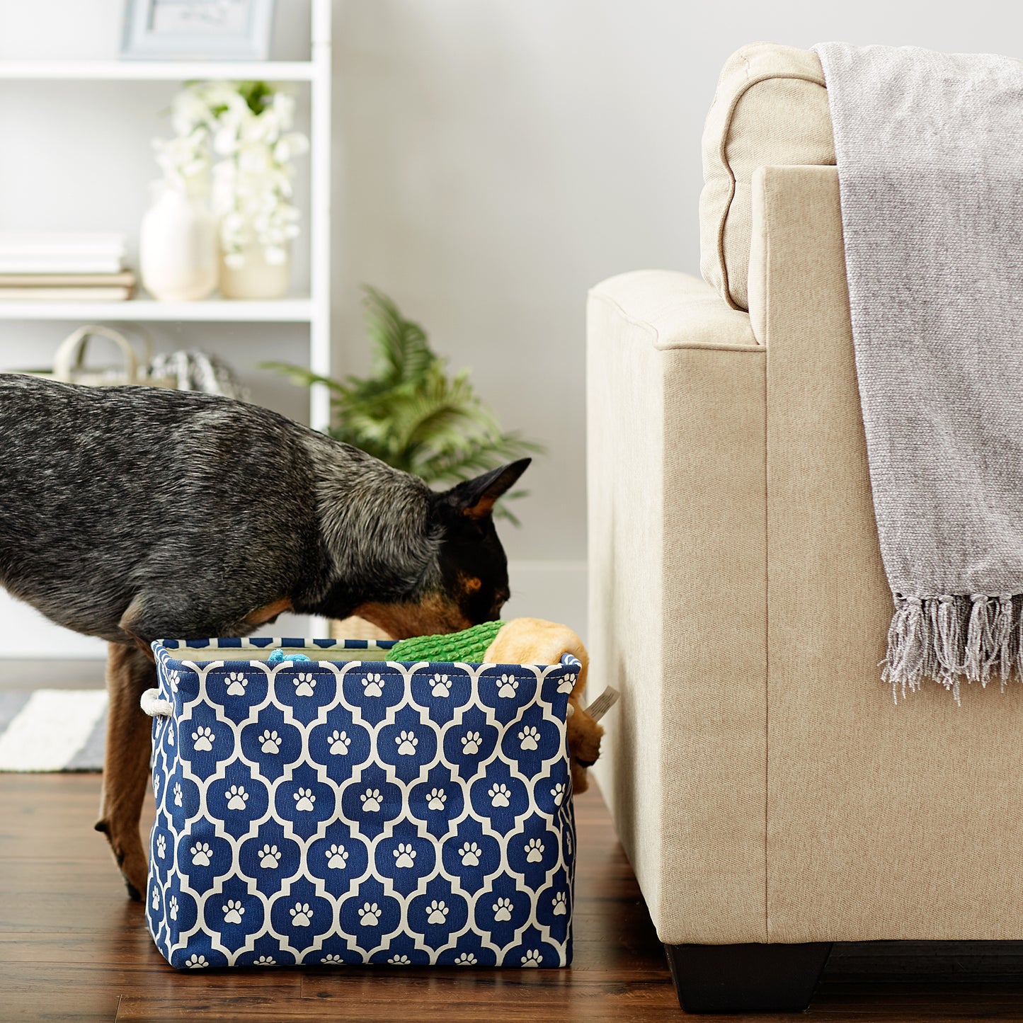 Bone Dry Pet Storage Bin, Lattice Paw Print, Nautical Blue, Medium - 16x10x12"