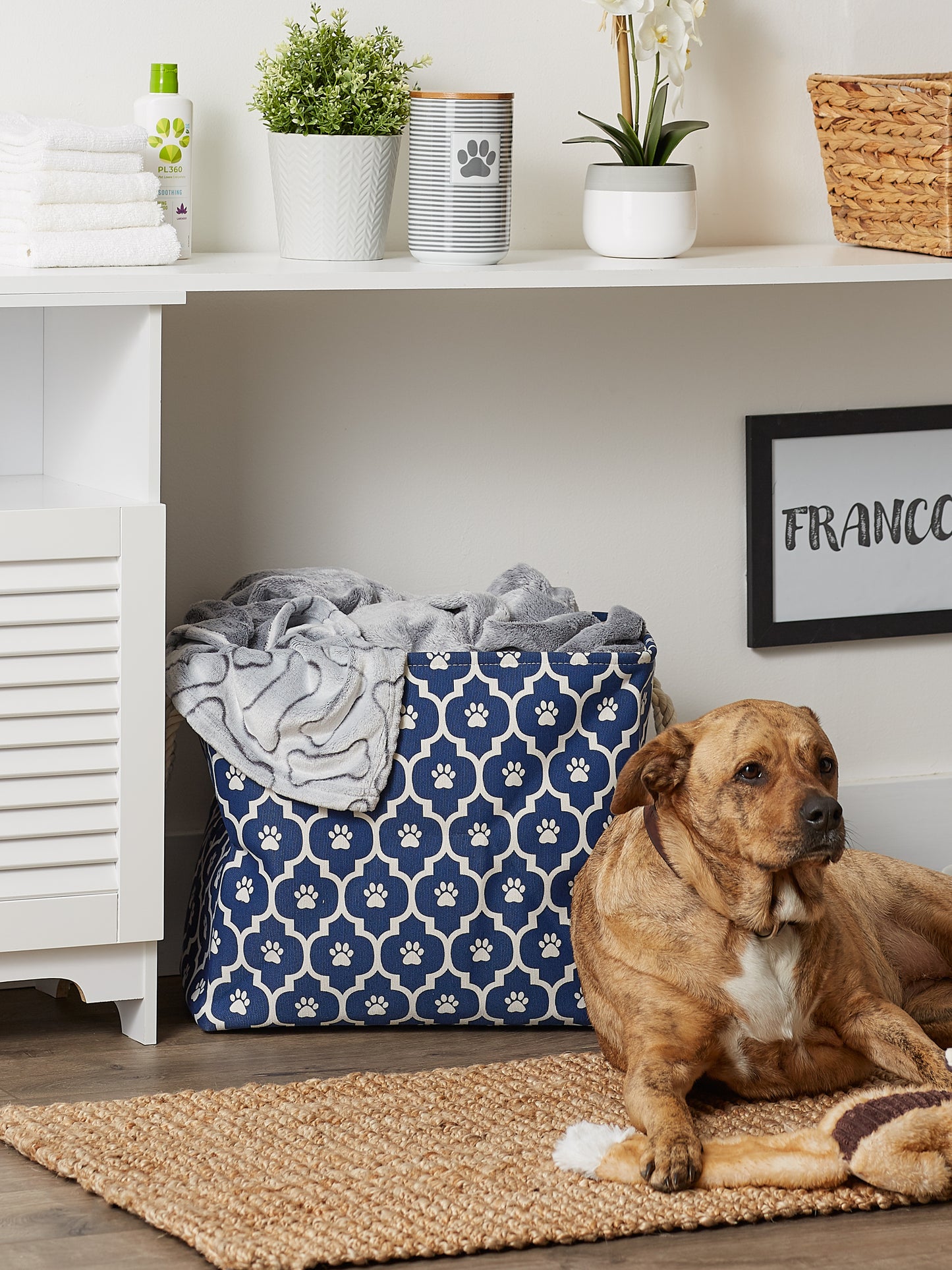 Storage Bin, Lattice Paw Print, Nautical Blue, Large - 17.5x12x15"