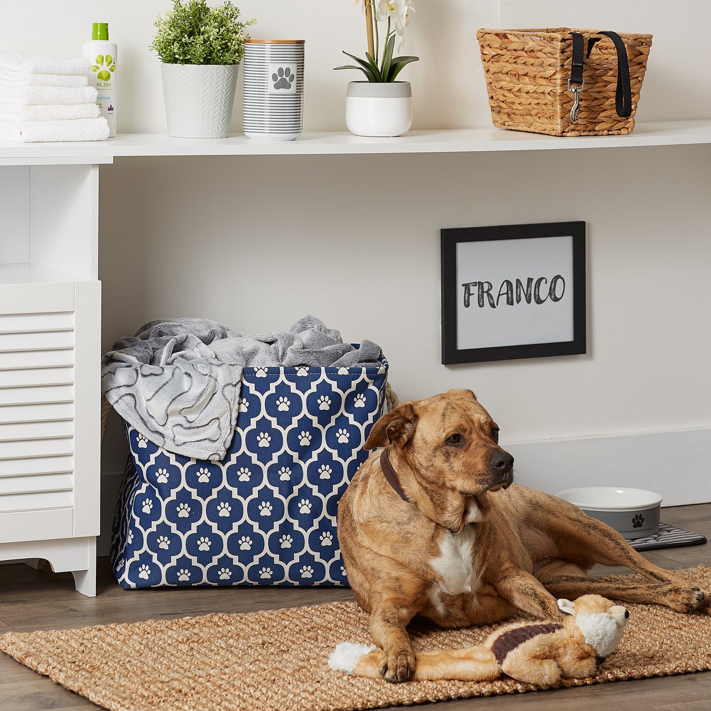 Storage Bin, Lattice Paw Print, Nautical Blue, Large - 17.5x12x15"