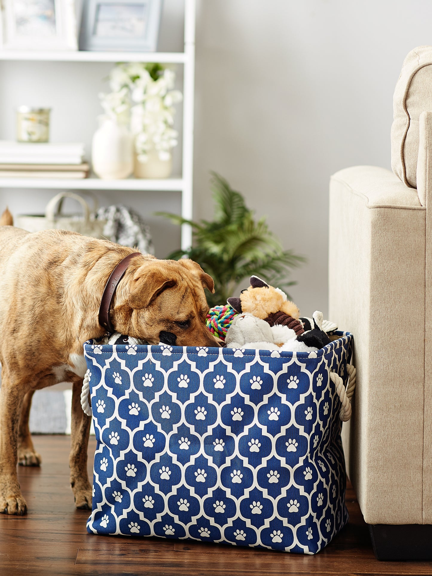 Polyester Pet Bin Lattice Paw Nautical Blue Rectangle Large 17.5X12X15