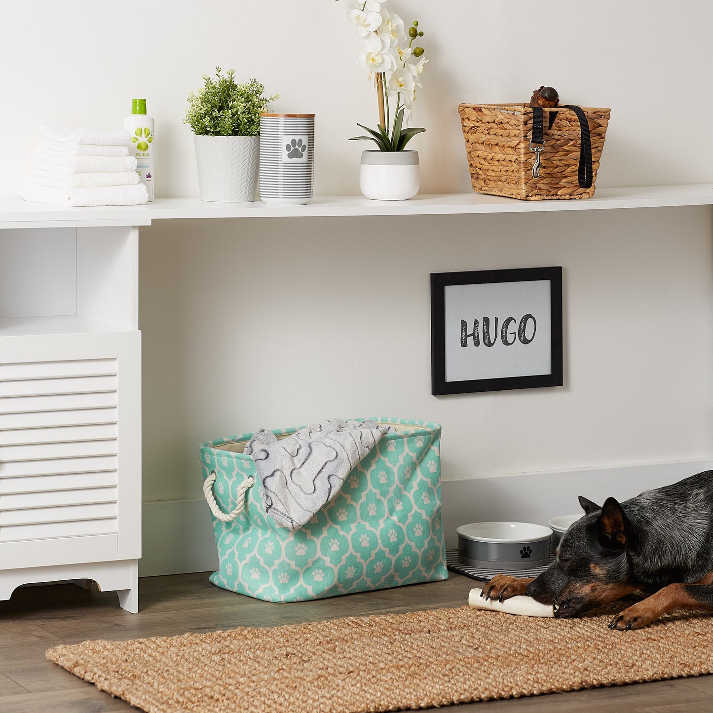 Polyester Pet Bin Lattice Paw Aqua Rectangle Medium 16X10X12