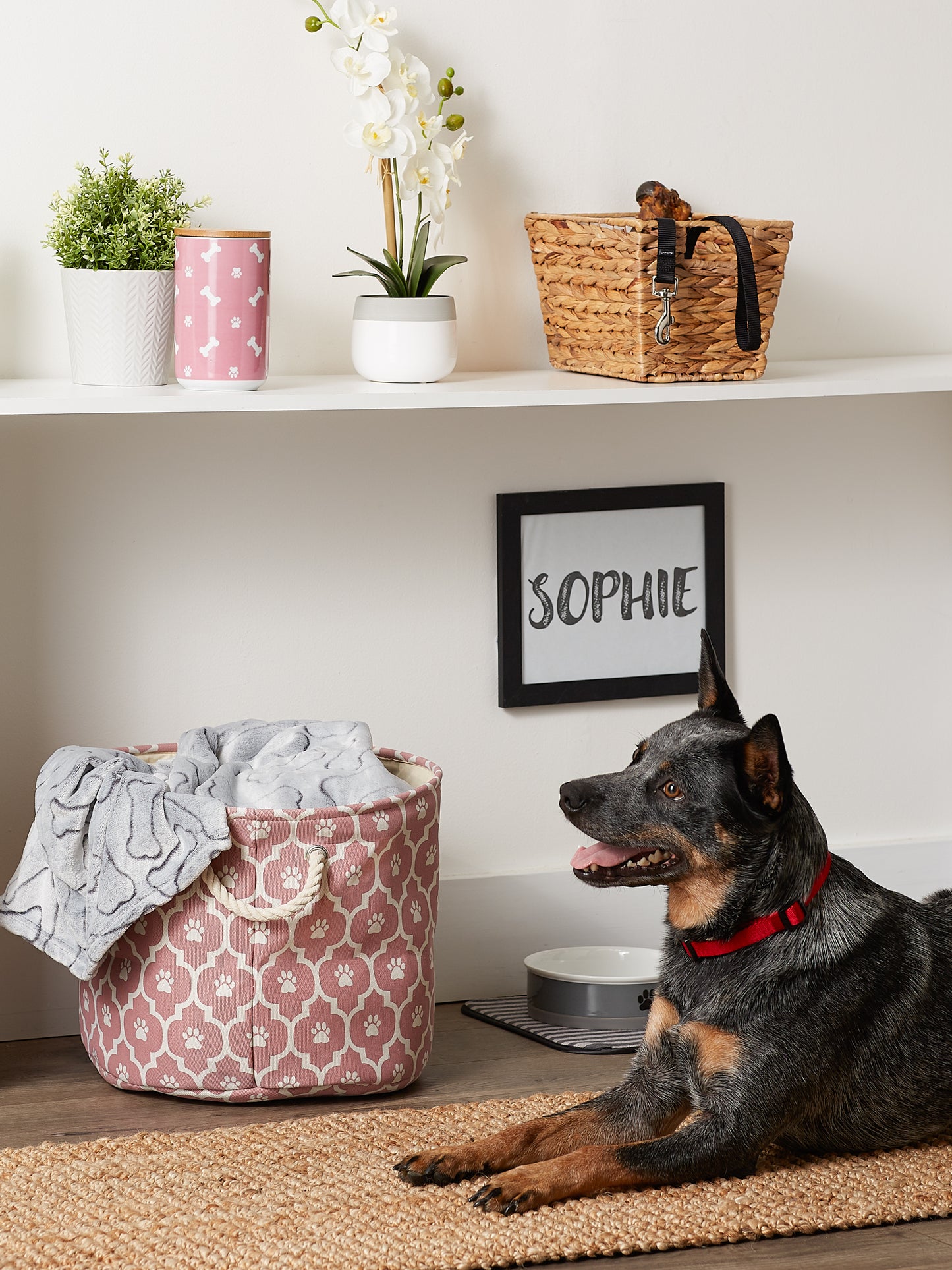 Polyester Pet Bin Lattice Paw Rose Round Medium 12X15X15