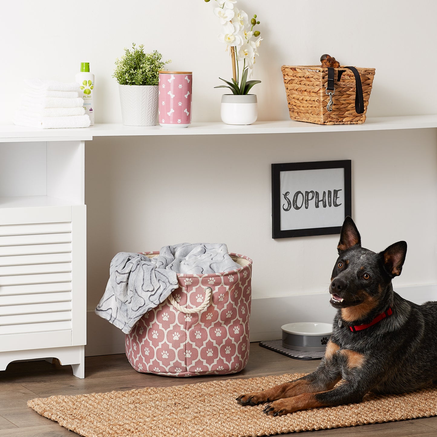 Polyester Pet Bin Lattice Paw Rose Round Medium 12X15X15