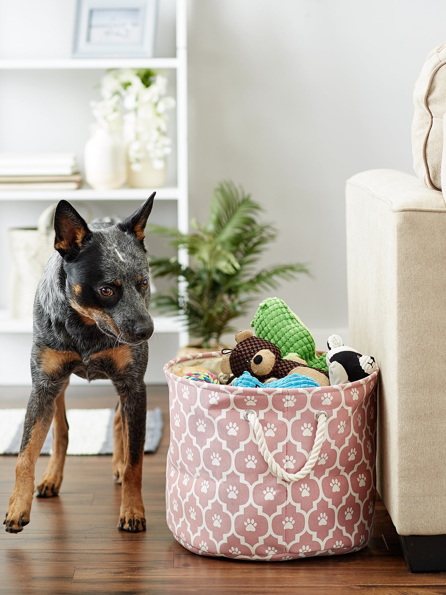 Polyester Pet Bin Lattice Paw Rose Round Medium 12X15X15