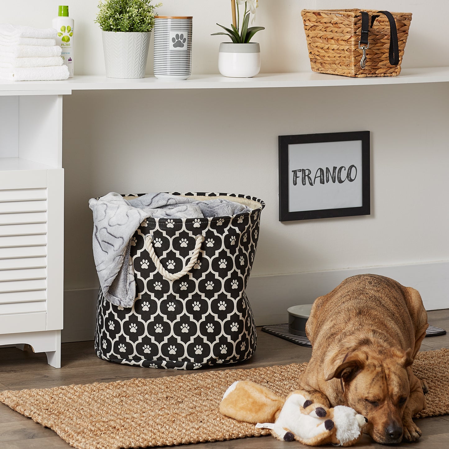 Bone Dry Pet Storage Bin, Lattice Paw Print, Black, Large Round - 18x15"