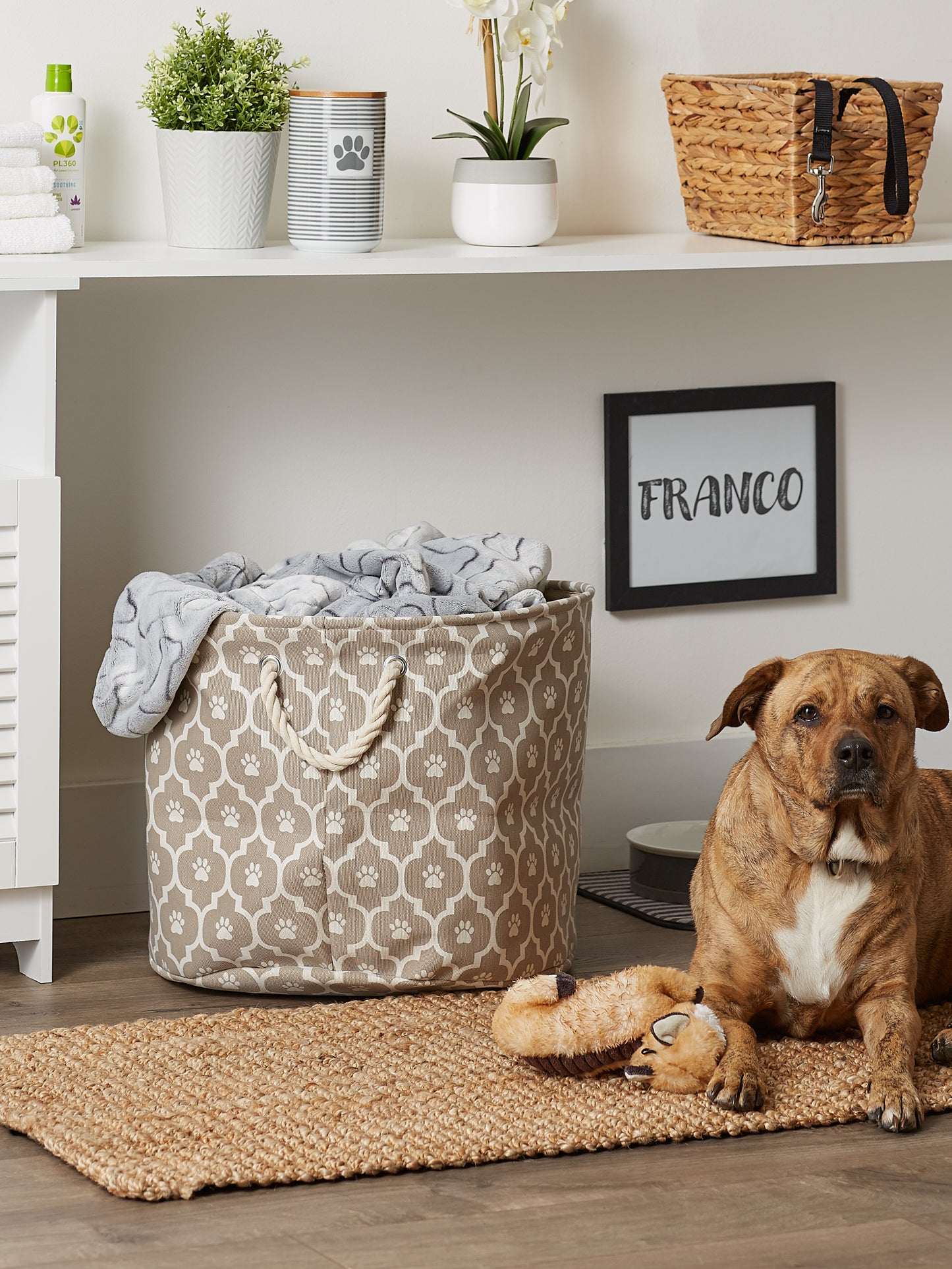 Bone Dry Pet Storage Bin, Lattice Paw Print, Stone, Large Round - 18x15"