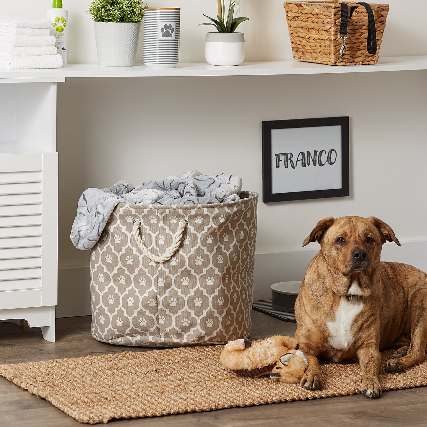 Bone Dry Pet Storage Bin, Lattice Paw Print, Stone, Large Round - 18x15"