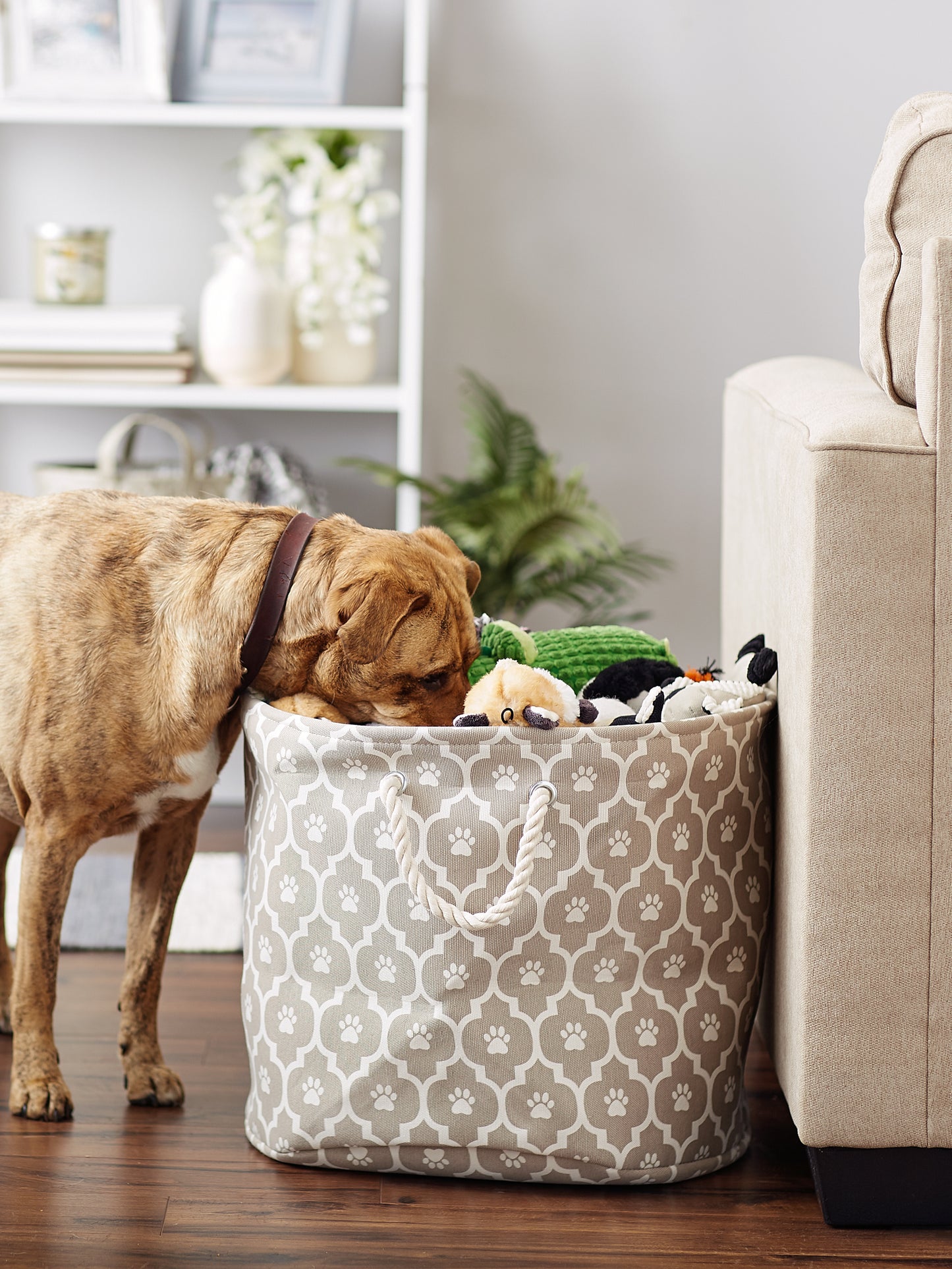 Bone Dry Pet Storage Bin, Lattice Paw Print, Stone, Large Round - 18x15"