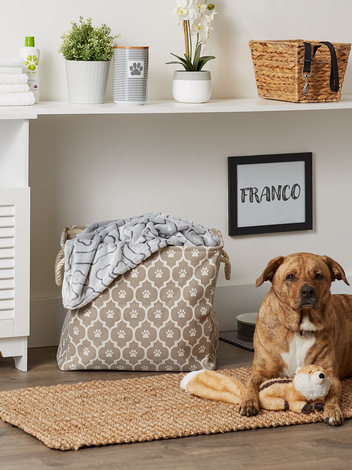 Storage Bin, Lattice Paw Print, Stone, Large - 17.5x12x15"