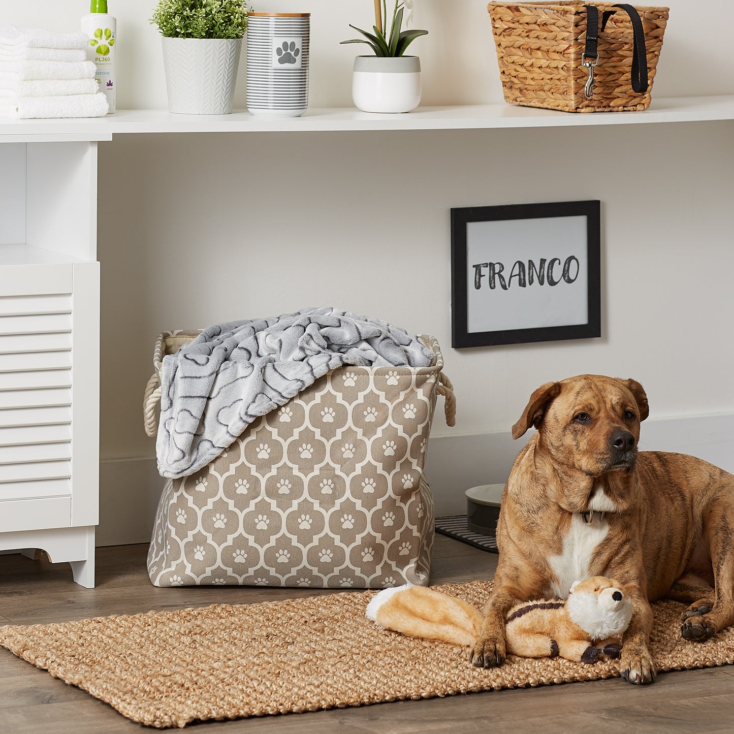 Storage Bin, Lattice Paw Print, Stone, Large - 17.5x12x15"