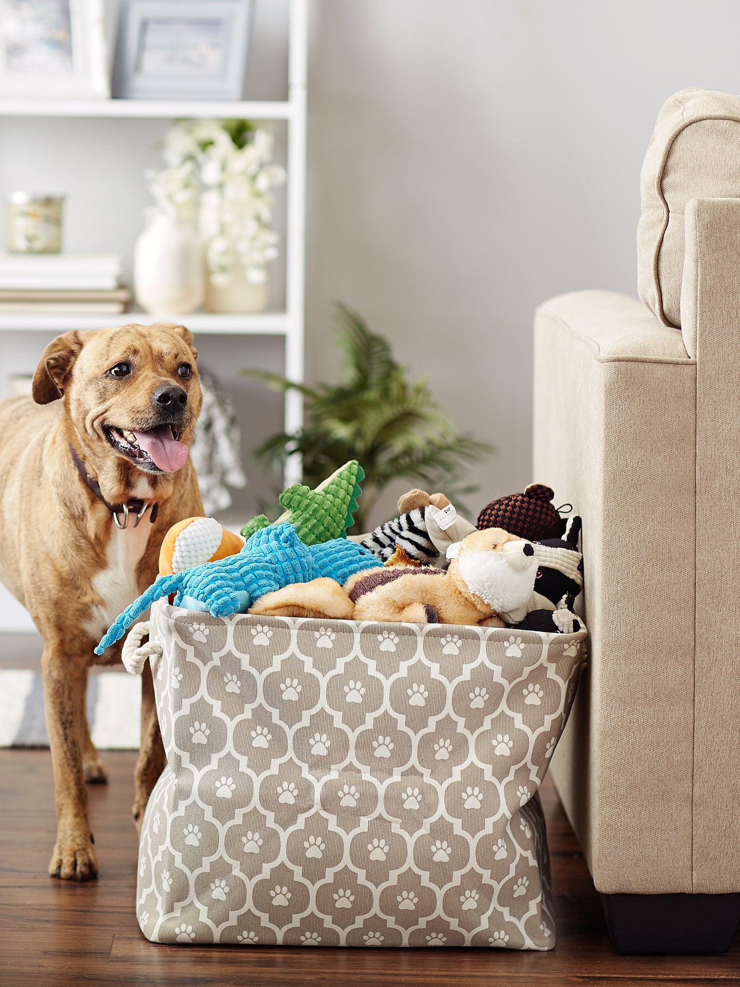 Storage Bin, Lattice Paw Print, Stone, Large - 17.5x12x15"