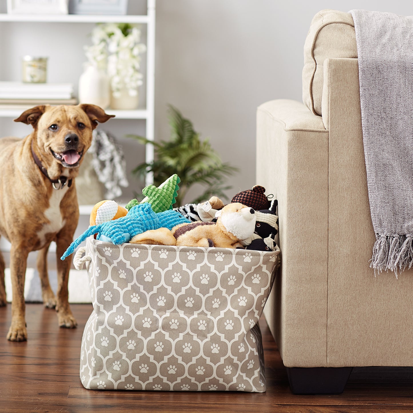 Storage Bin, Lattice Paw Print, Stone, Large - 17.5x12x15"