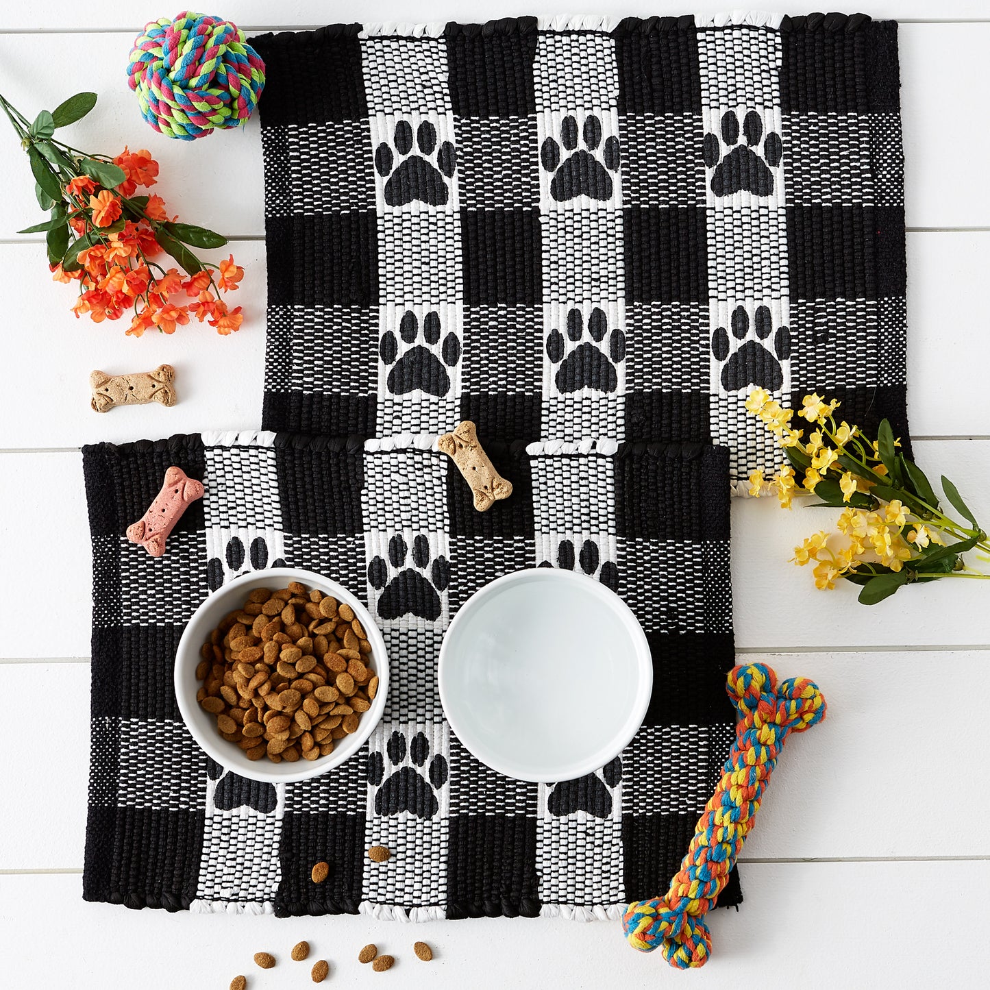 Black & White Printed Paw Pet Feeding Mat 12x18 Set of 2
