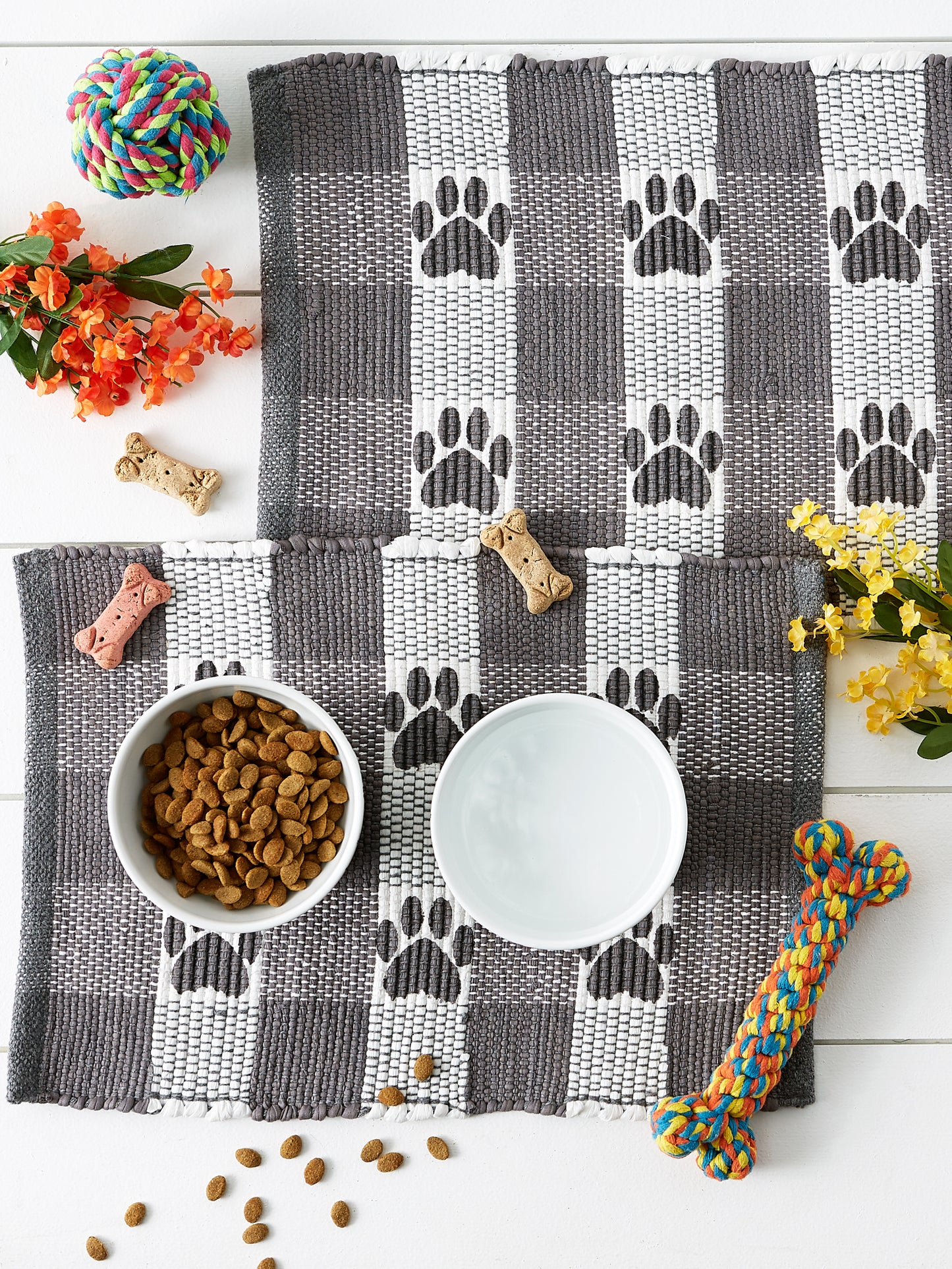Gray & White Printed Paw Pet Feeding Mat 12X18 Set of 2