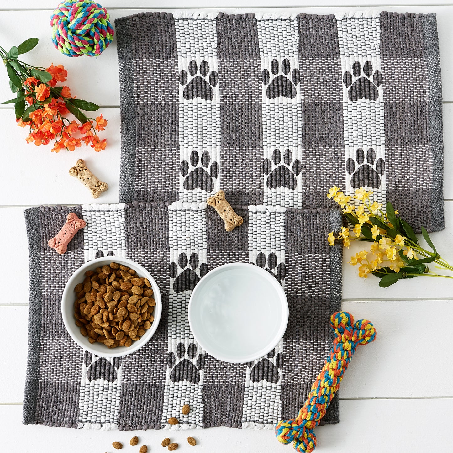 Gray & White Printed Paw Pet Feeding Mat 12X18 Set of 2
