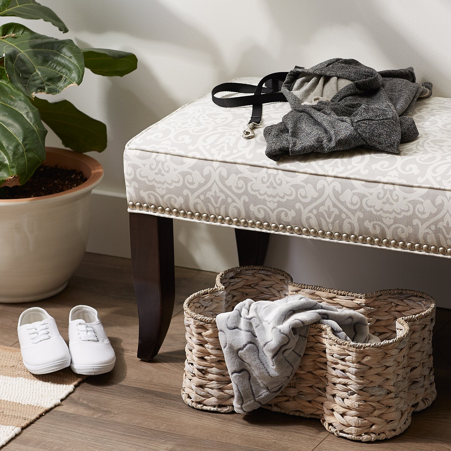 Bone Dry Hyacinth Pet Storage Basket, Bone Shaped, White Wash, Small - 17.75x11x7.5"