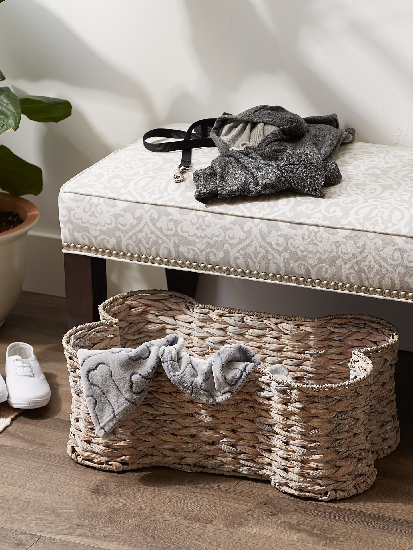 Bone Dry Hyacinth Pet Storage Basket, Bone Shaped, White Wash, Large - 24x15x9"