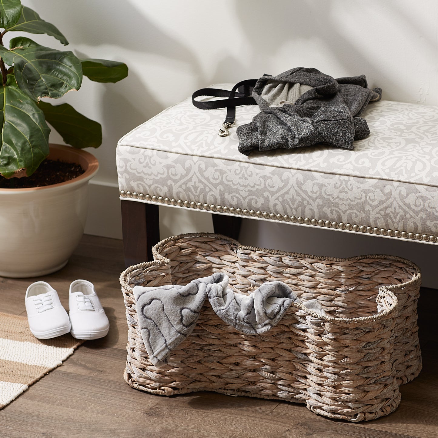 Bone Dry Hyacinth Pet Storage Basket, Bone Shaped, White Wash, Large - 24x15x9"