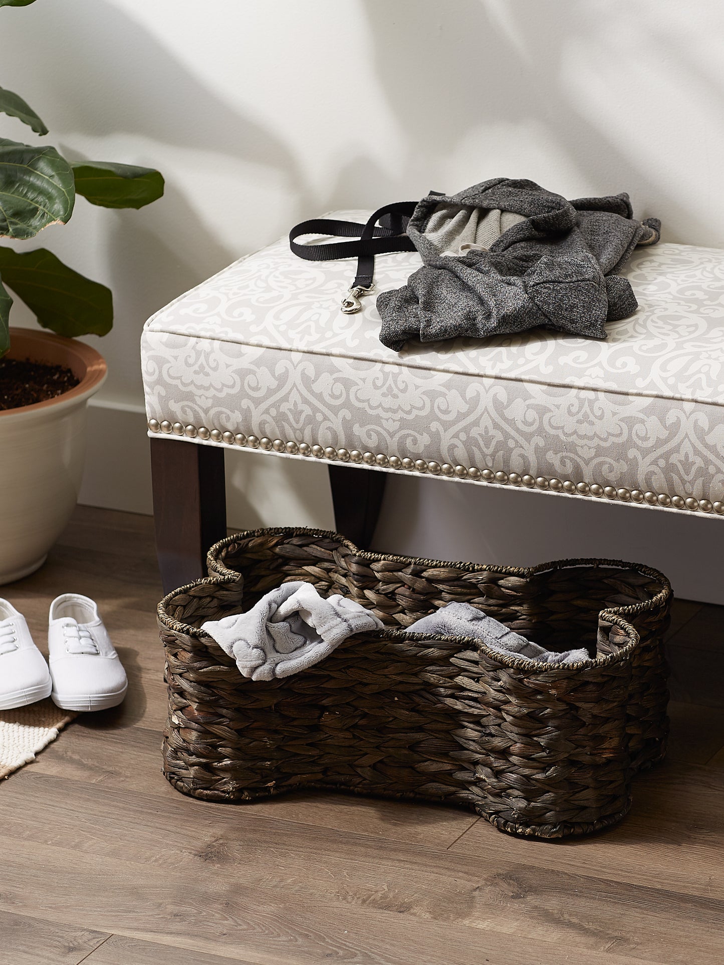 Hyacinth Pet Storage Basket, Bone Shaped, Dark Brown, Medium - 21x13x8"