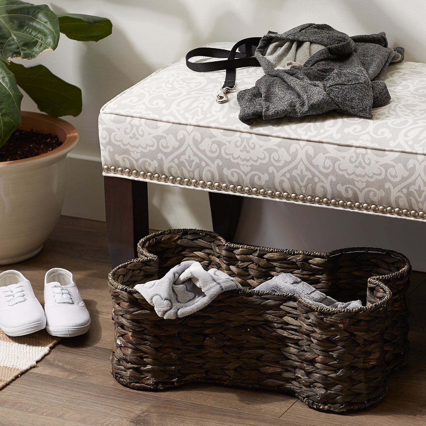 Hyacinth Pet Storage Basket, Bone Shaped, Dark Brown, Medium - 21x13x8"
