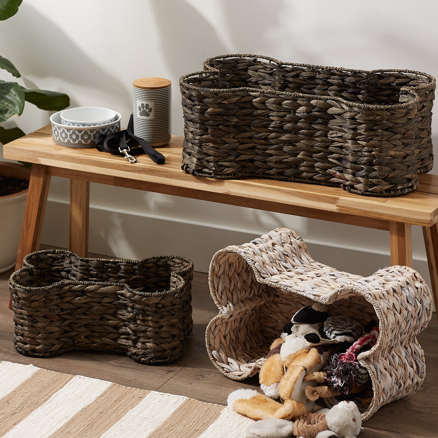 Hyacinth Pet Storage Basket, Bone Shaped, Dark Brown, Medium - 21x13x8"