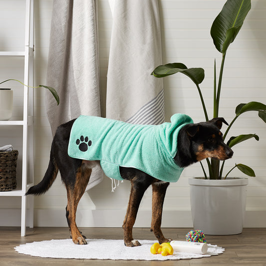 Bone Dry Terry Microfiber Pet Robe, Embroidered Paw Print - Aqua - Medium, 20-35 Lbs
