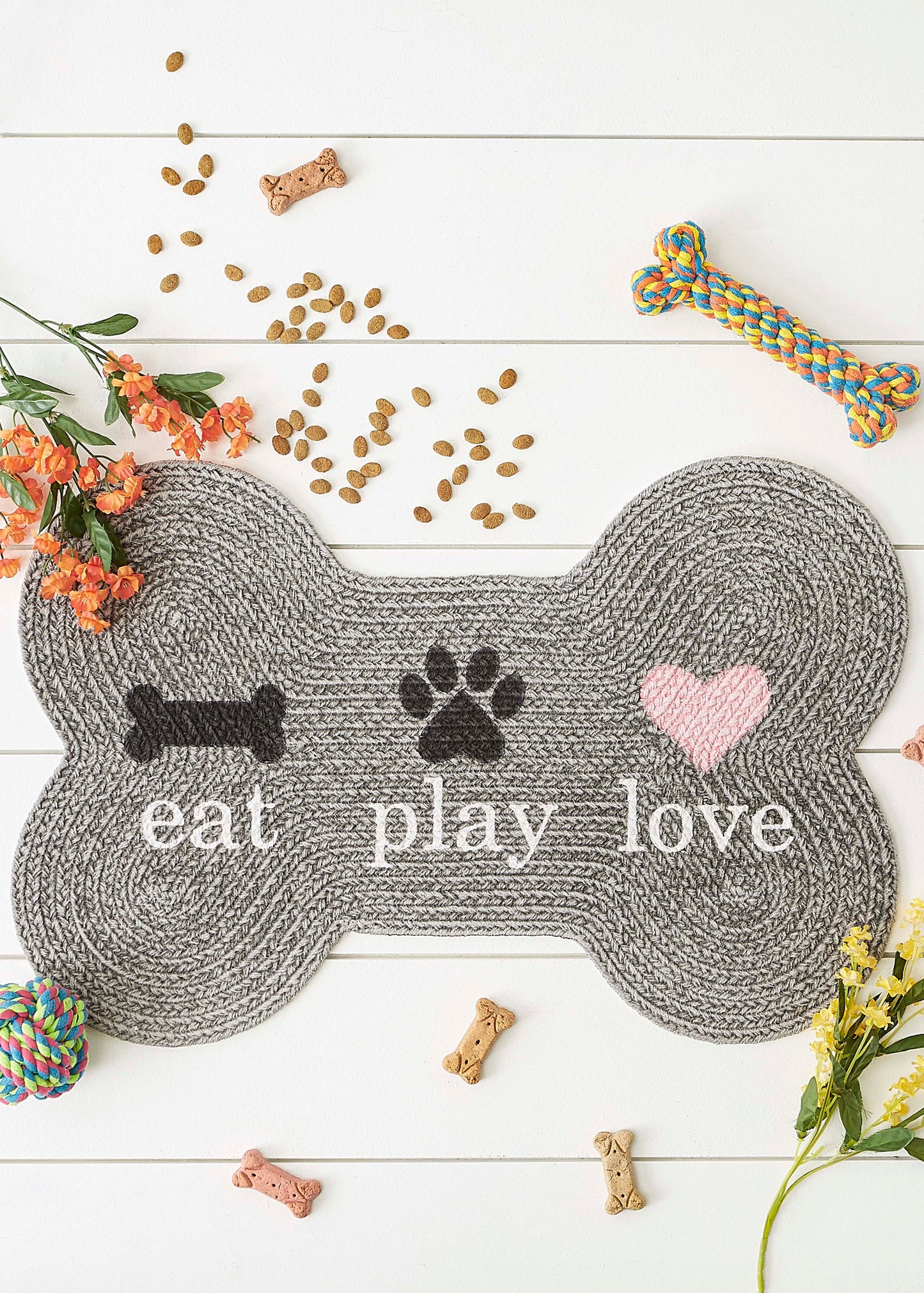 Gray Eat Play Love Bone Shaped Pet Mat 16X24