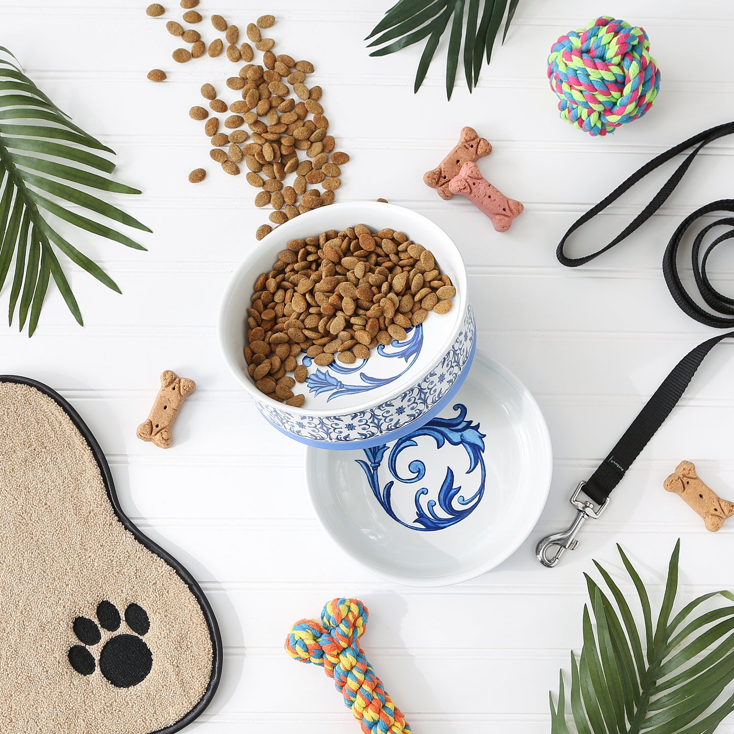 Blue Tile Pet Bowl Set of 2, Large 3.75 C. Capacity