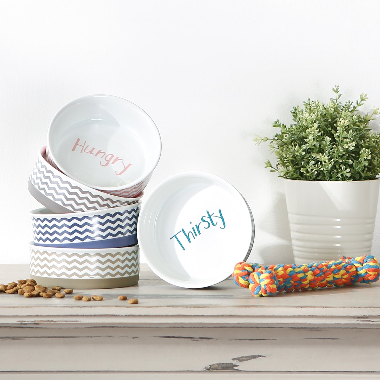 Gray Chevron Pet Bowl Set of 2, Small - 3/4 C Capacity