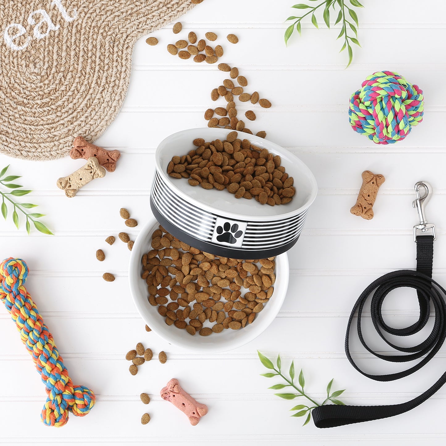 Pet Bowl Paw Patch Stripe Black Large 7.5Dx2.4H Set of 2