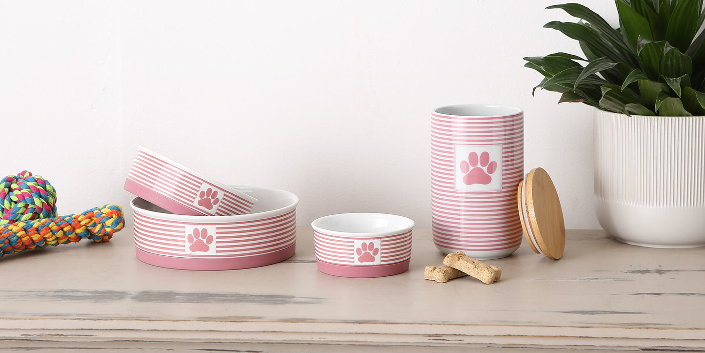 Rose Striped Paw Patch Pet Bowl Set/2, Large 3.75 C. Capacity
