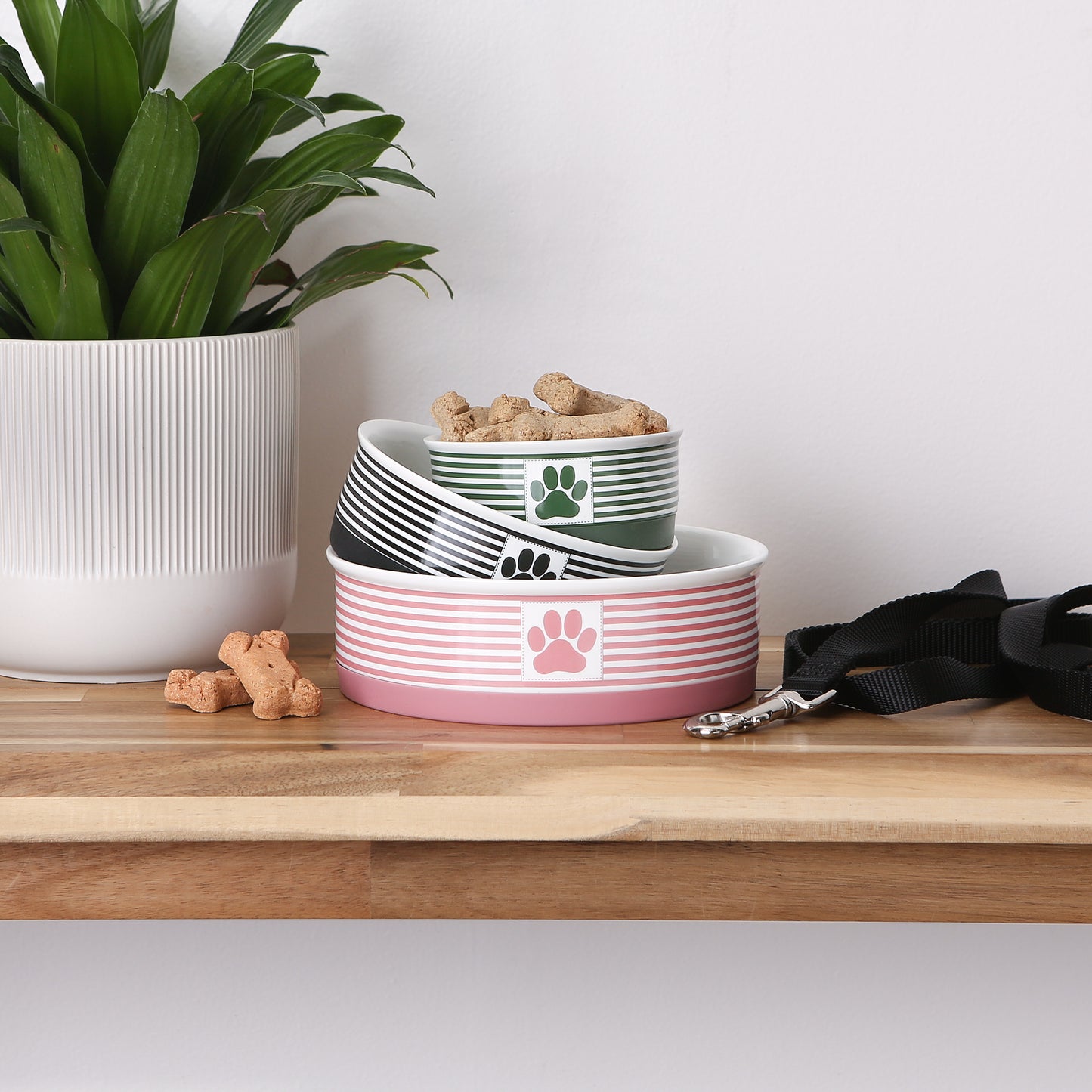 Pet Bowl Paw Patch Stripe Rose Large 7.5Dx2.4H Set of 2