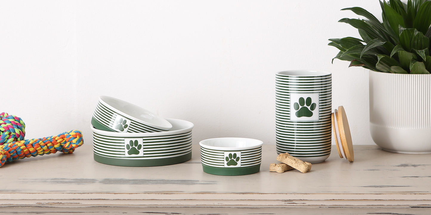Pet Bowl Paw Patch Stripe Hunter Green Medium 6Dx2H Set of 2