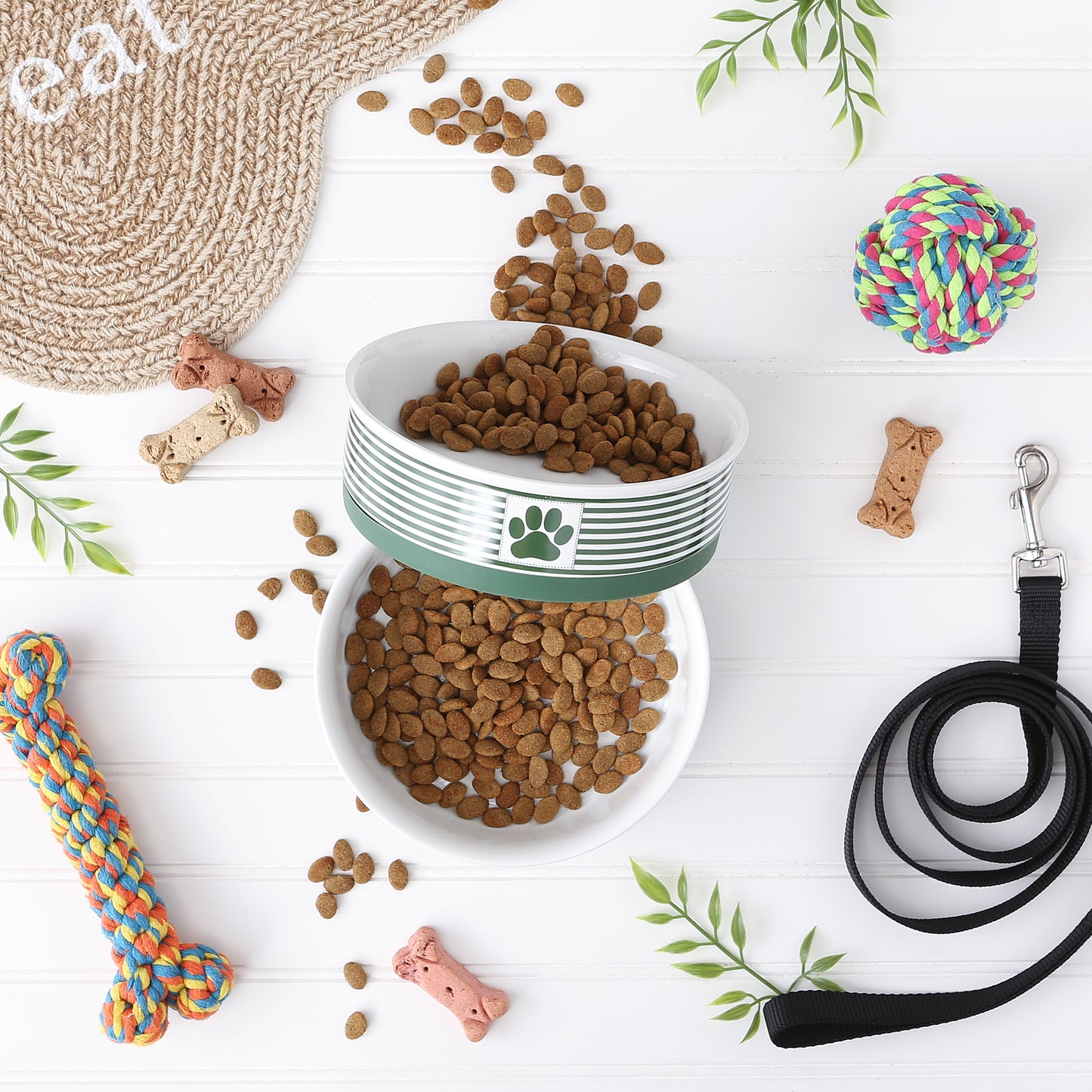 Hunter Green Striped Paw Patch Pet Bowl Set of 2, Large 3.75 C. Capacity