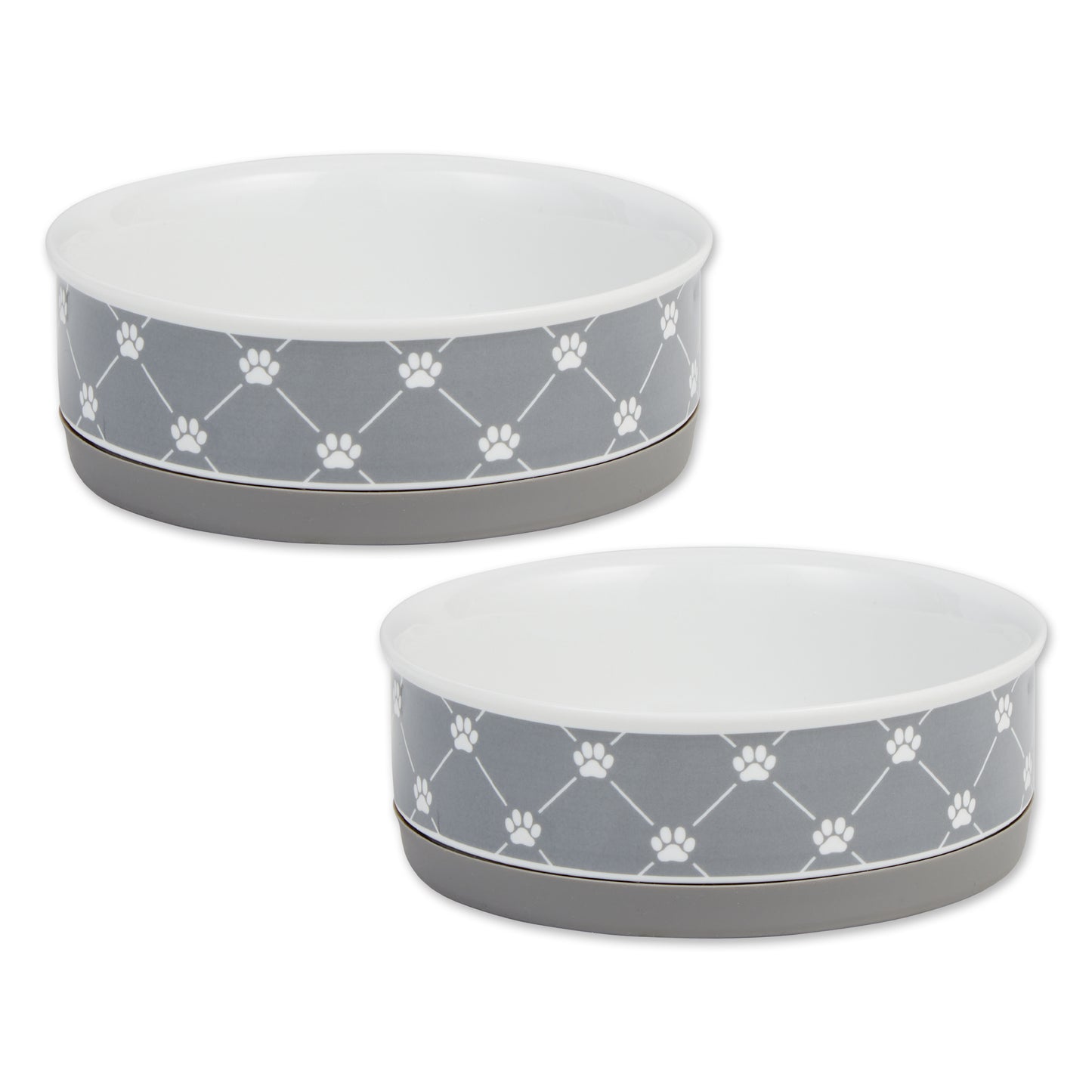 Gray Trellis Paw Print Pet Bowl Set/2, Medium - 1.5 C. Capacity