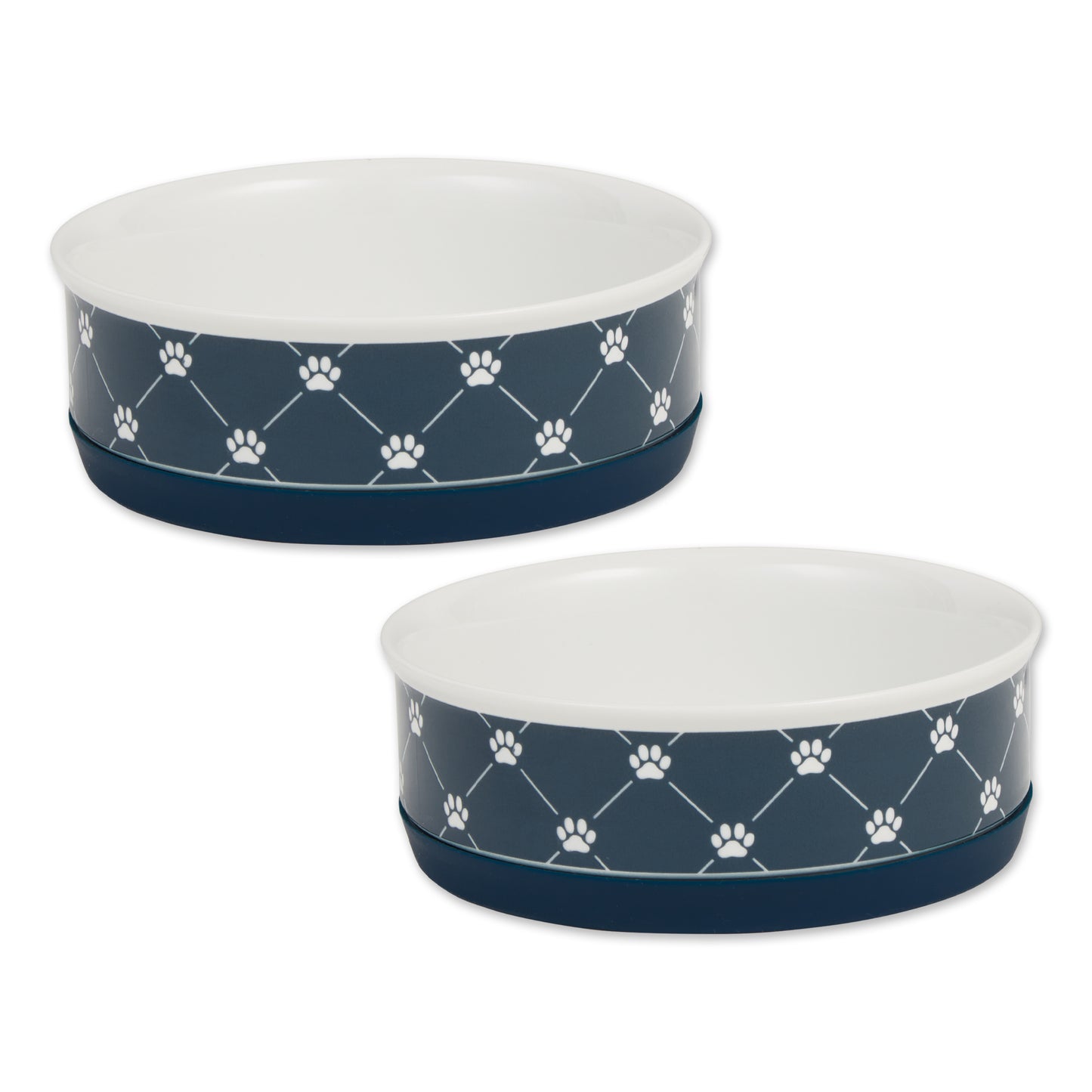 Navy Trellis Paw Print Pet Bowl Set/2, Medium - 1.5 C. Capacity