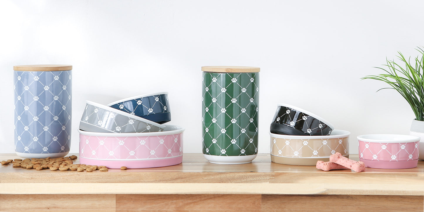 Bubble Gum Pink Blue Trellis Paw Print Pet Bowl Set of 2 , Small - 3/4 C Capacity