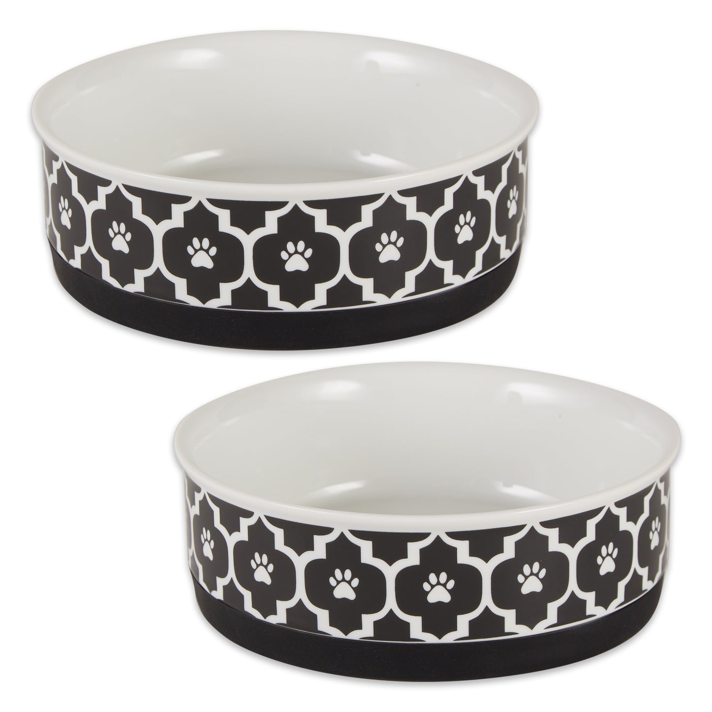 Black Lattice Paw Print Pet Bowl Set/2, Medium - 1.5 C. Capacity