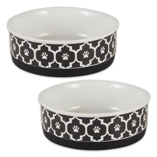 Black Lattice Paw Print Pet Bowl Set/2, Medium - 1.5 C. Capacity