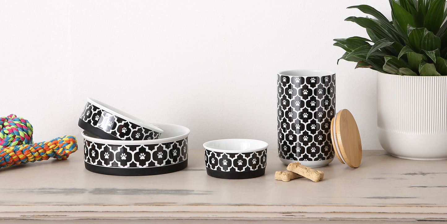 Black Lattice Paw Print Pet Bowl Set/2, Medium - 1.5 C. Capacity