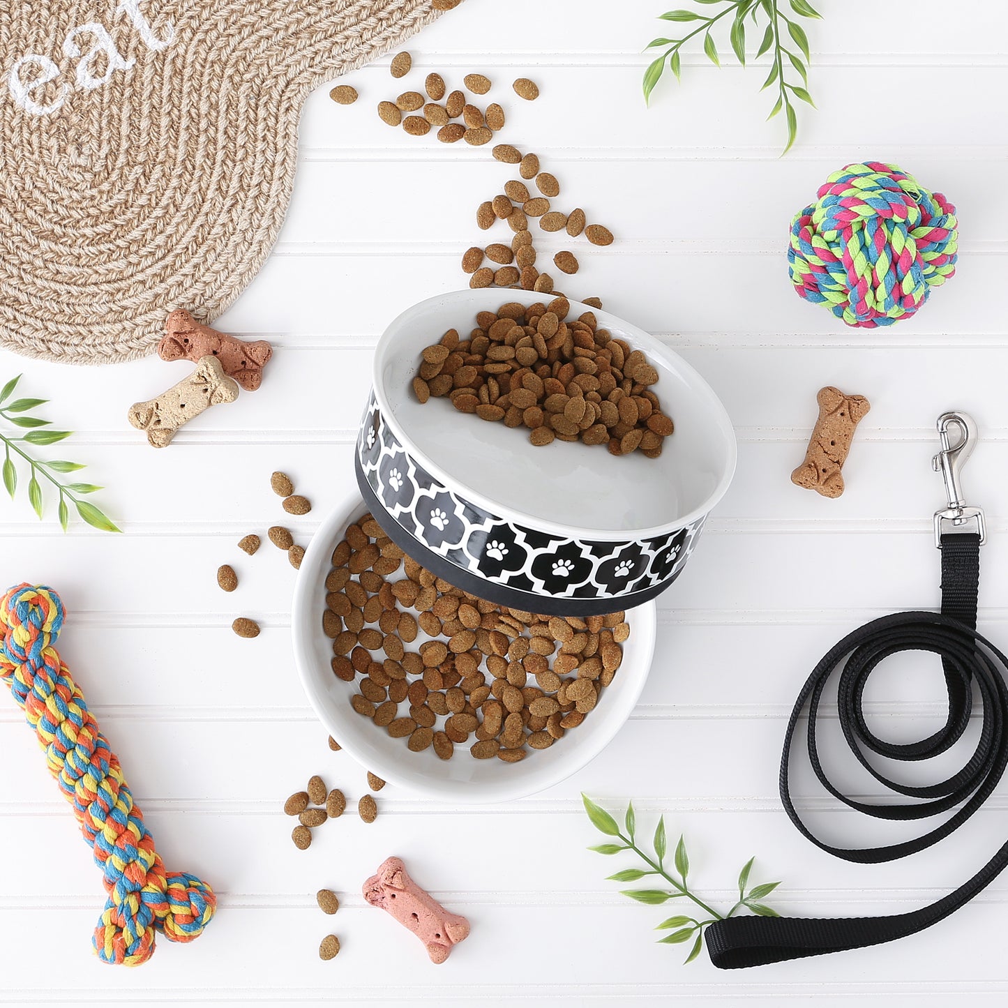 Black Lattice Paw Print Pet Bowl Set of 2, Large 3.75 C. Capacity