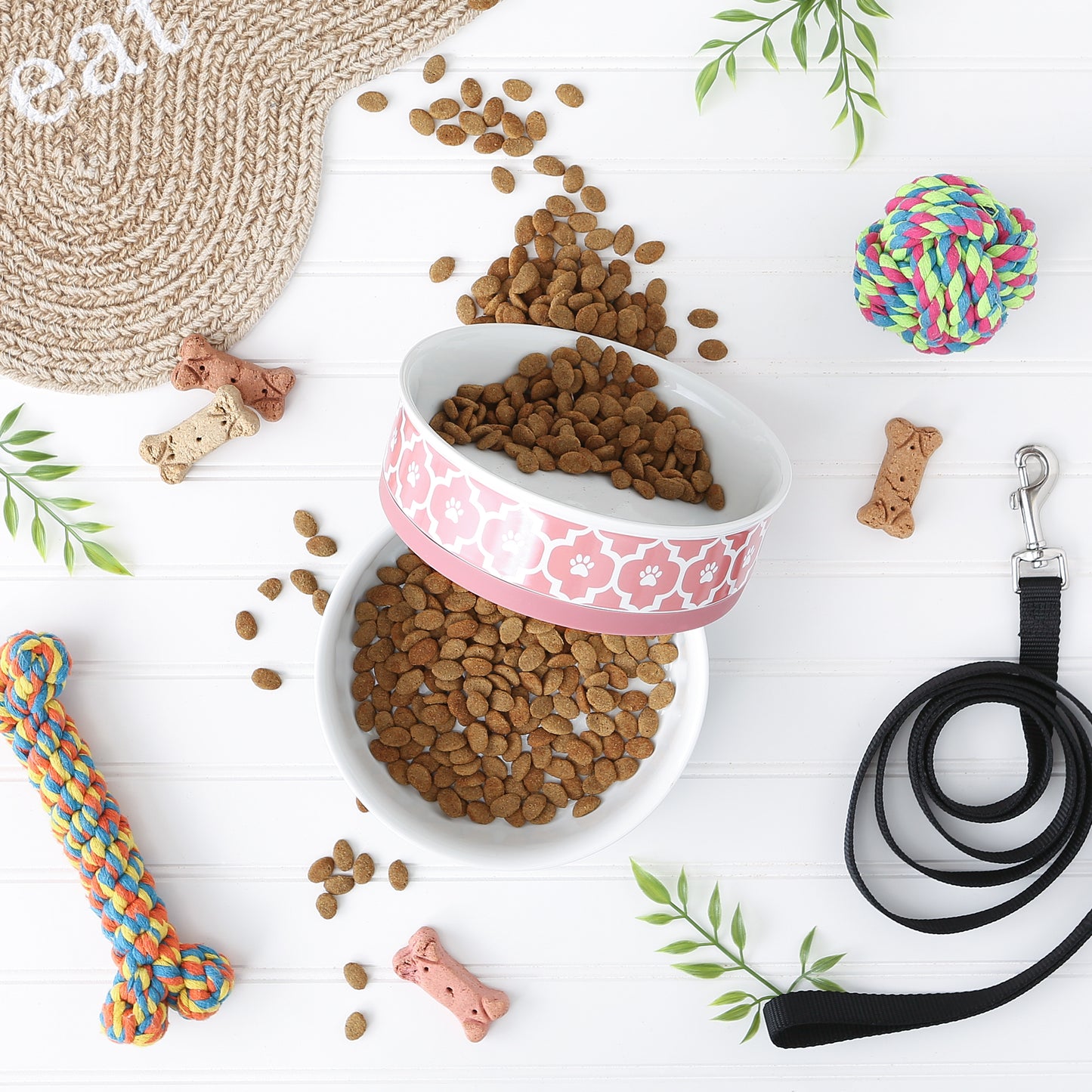 Rose Lattice Paw Print Pet Bowl Set of 2, Large 3.75 C. Capacity