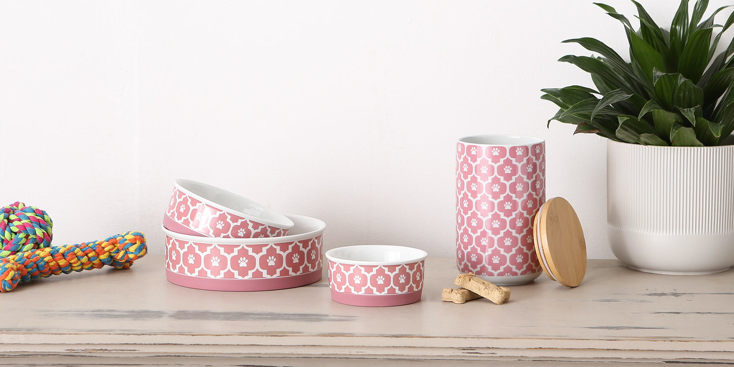 Rose Lattice Paw Print Pet Bowl Set of 2, Large 3.75 C. Capacity