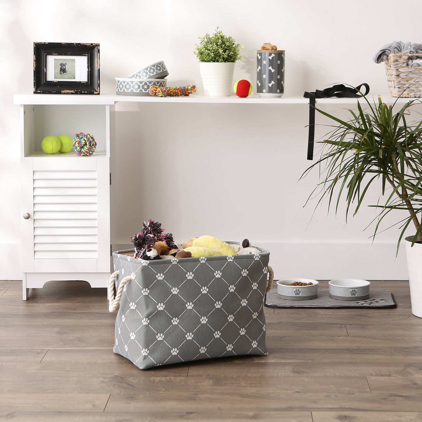 Bone Dry Collapsible Pet Storage Bin, Trellis Paw Print, Gray, Medium - 16x10x12"