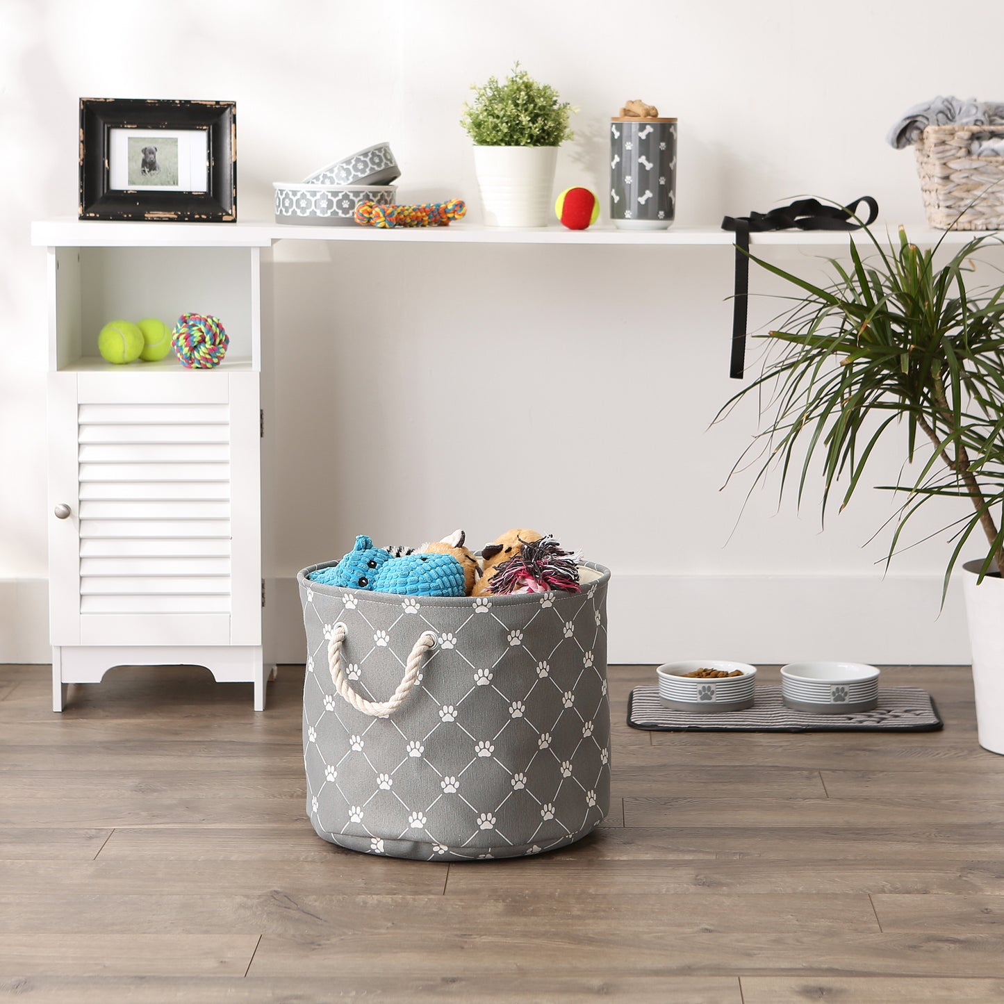 Collapsible Pet Storage Collapsible Bin, Trellis Paw Print, Gray, Medium Round - 15x12"