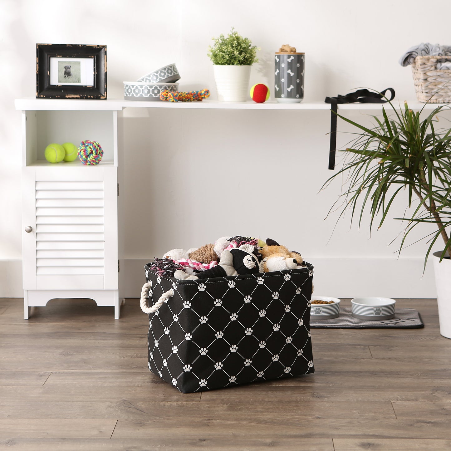 Bone Dry Collapsible Pet Storage Bin, Trellis Paw Print, Black, Medium - 16x10x12"