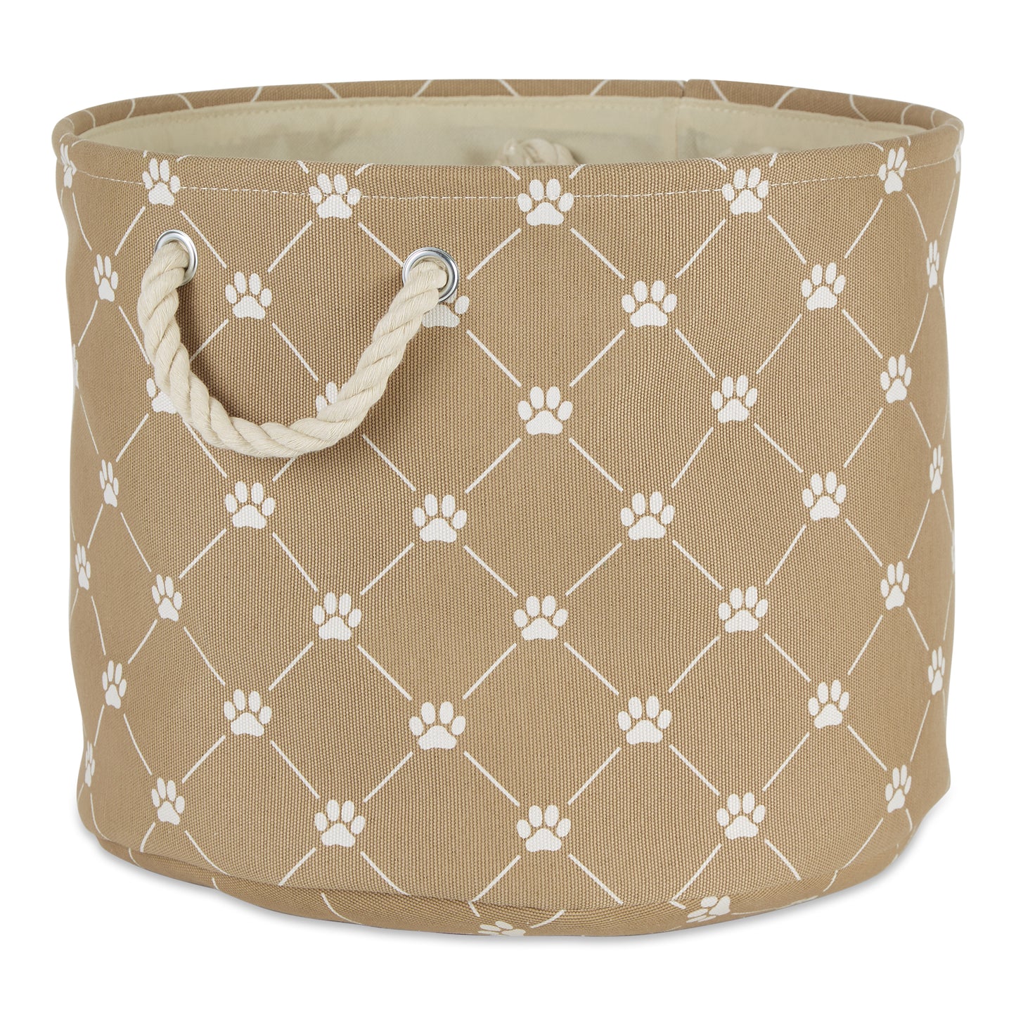 Collapsible Pet Storage Collapsible Bin, Trellis Paw Print, Taupe, Small Round - 12x9"