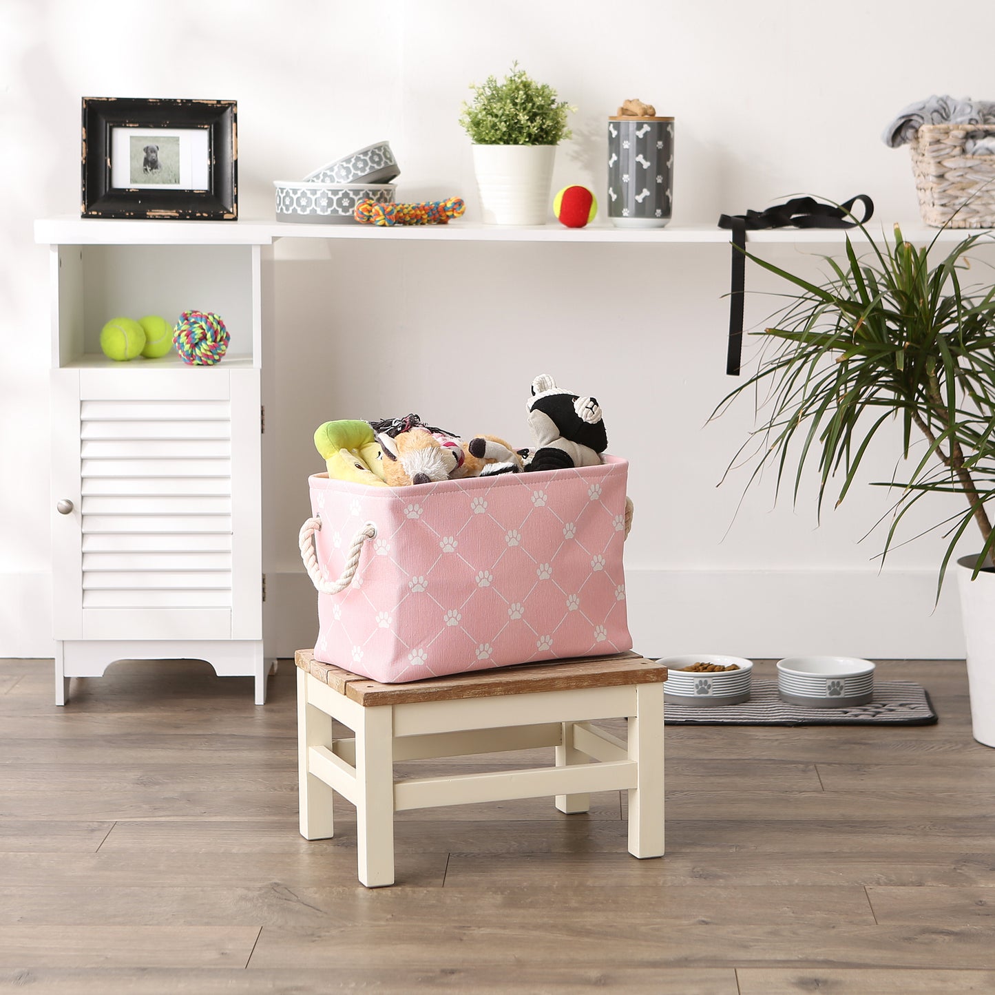 Collapsible Pet Storage Bin, Trellis Paw Print, Pink, Small - 14x8x9"