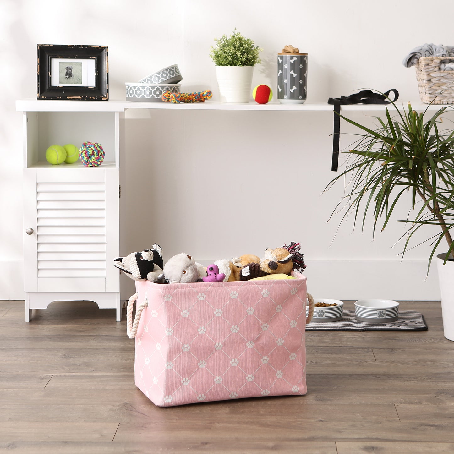 Collapsible Pet Storage Bin, Trellis Paw Print, Pink, Medium - 16x10x12"