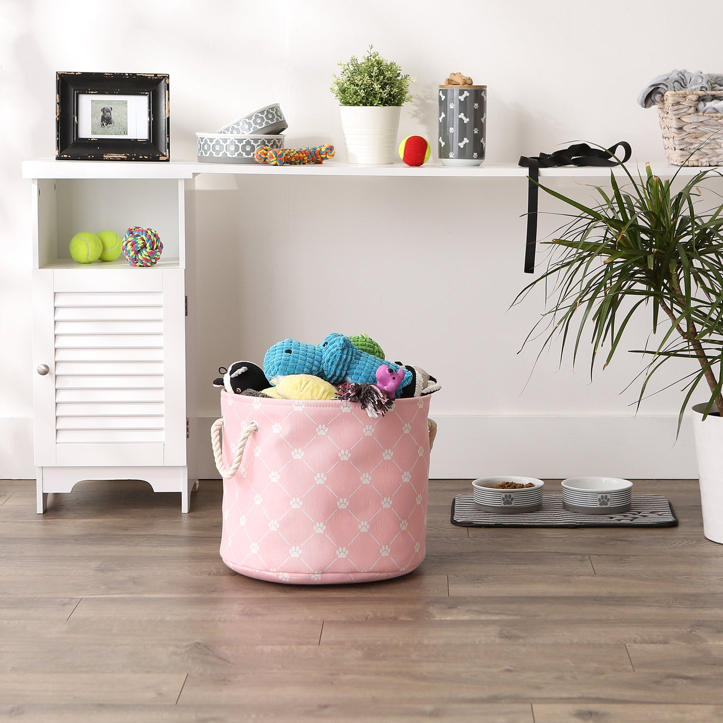 Collapsible Pet Storage Collapsible Bin, Trellis Paw Print, Pink, Medium Round - 15x12"